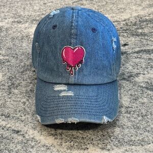 New Custom Designed Blue Distressed Baseball Hat with Pink Dripping Heart